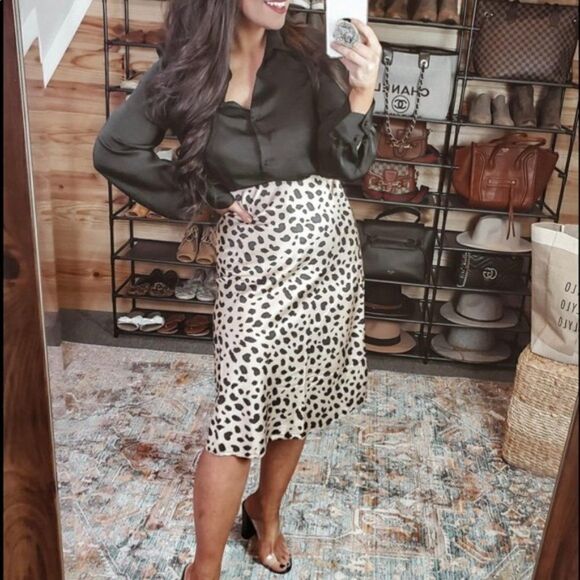 New Leopard Midi Skirt Waistband Silk Satin Skirts - Picture 5 of 8